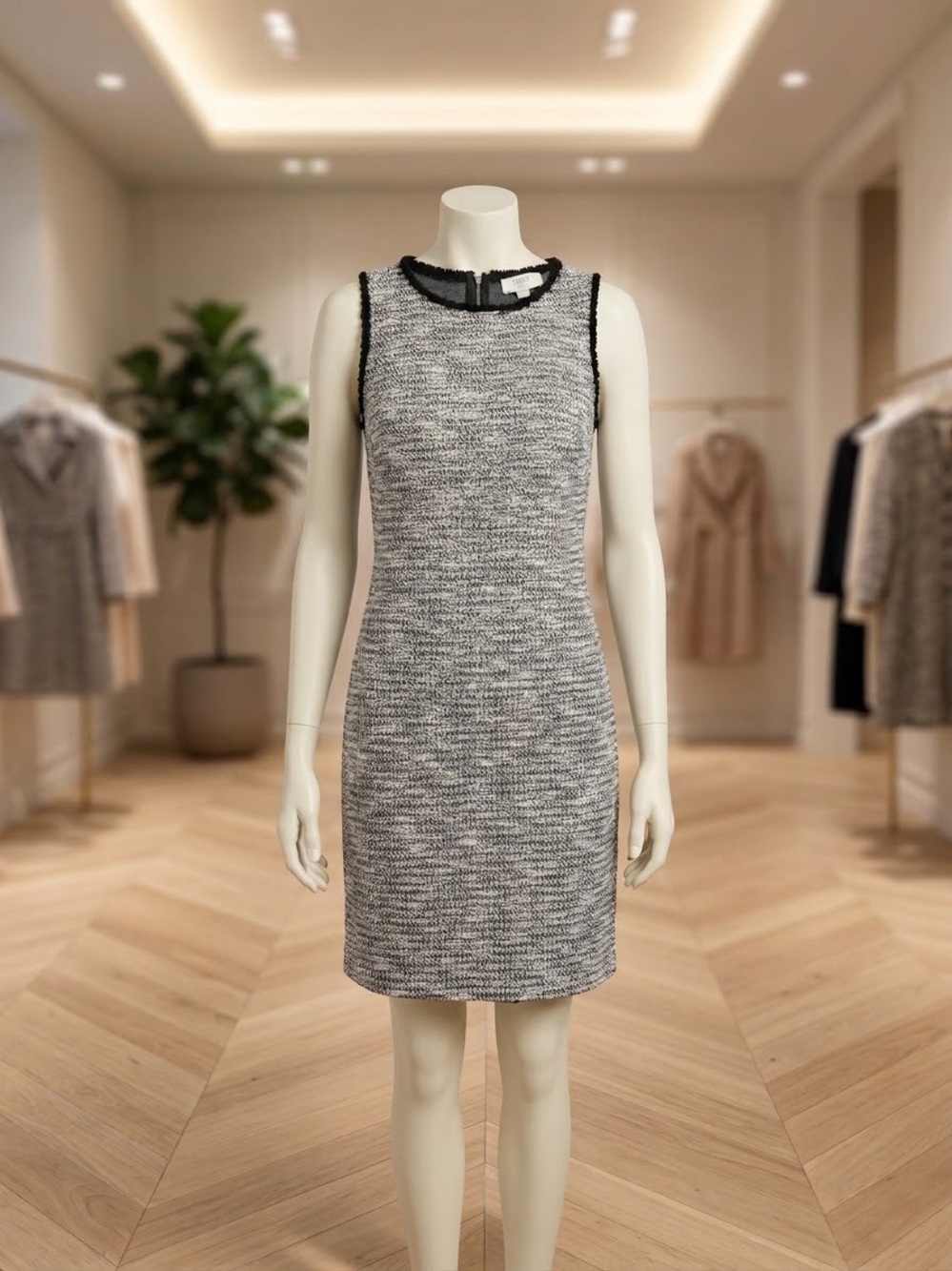 LOFT Black-Trim Gray Tweed Sheath Dress